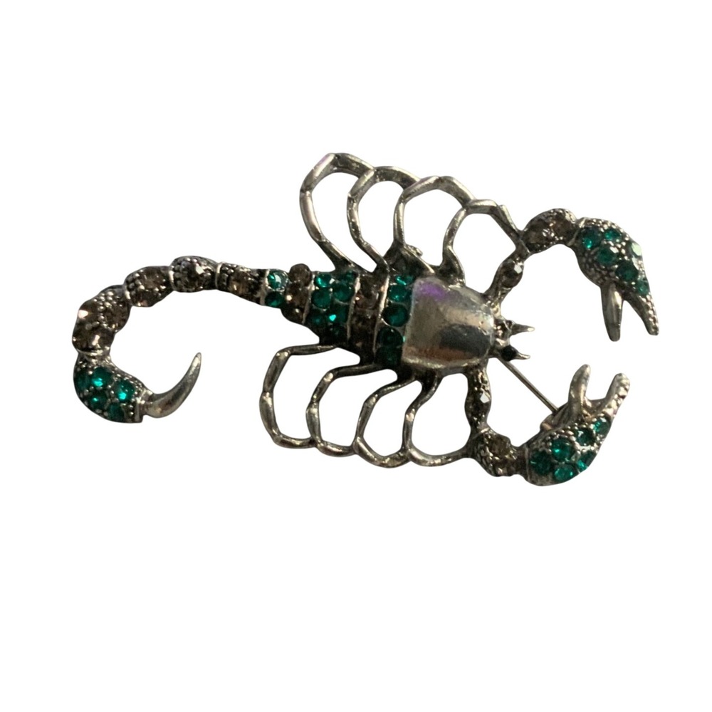 Vintage Scorpion Brooch Green Rhinestone Silver Tone Insect Pin Zodiac Gothic